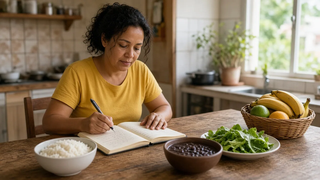 Mulher adulta em cozinha clara com luz natural, caderno aberto com anotações simples da rotina e comida de verdade ao lado