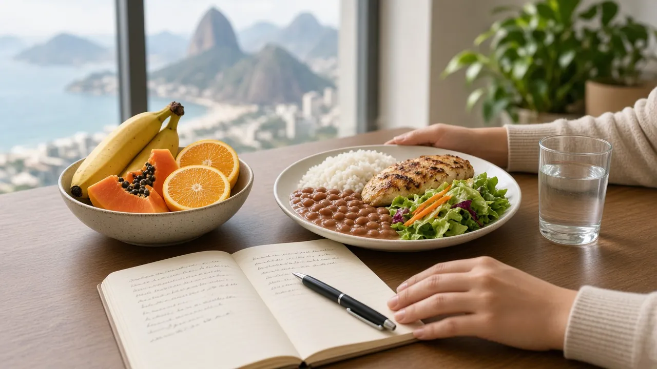 Duas mulheres à mesa de madeira clara num consultório com luz natural: uma de jaleco branco e estetoscópio, a outra de blusa clara, com caderno, copo d'água e planta pequena
