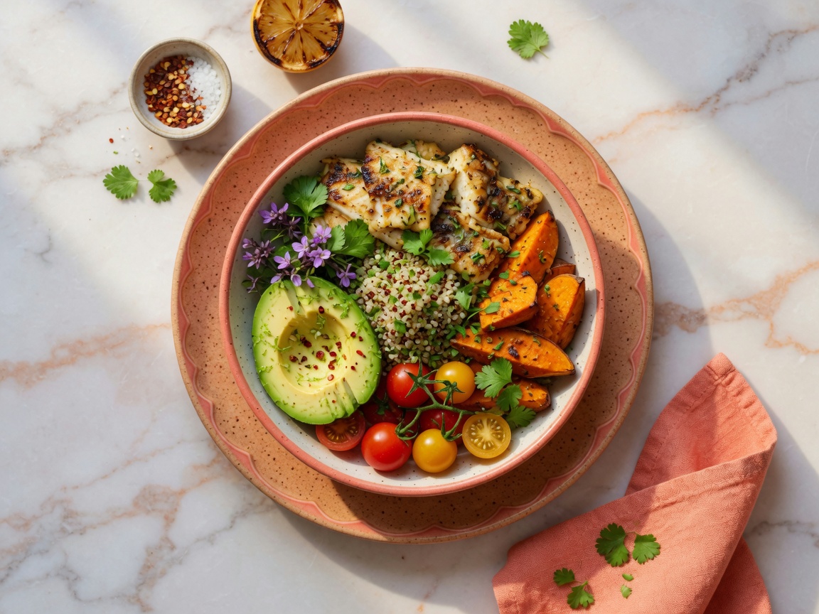 Prato saudável colorido com peixe, quinoa e vegetais